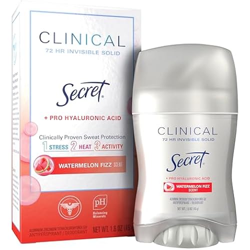 Secret Clinical Strength Antiperspirant Deodorant for Women, 3X Stress Protection, 72hr Sweat & Odor Protection, Pro-Hyaluronic Acid, Invisible Solid, Watermelon Summer Fizz Scent, 1.6 oz