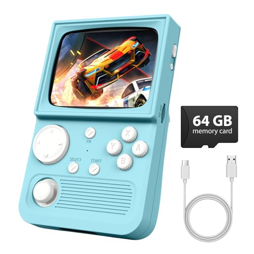 Image of R36T Retro Game Console, Handheld Game Console with 3.5in IPS HD Screen, Video Game Consoles Supports WiFi Networked Fighting and OTG, 3500mAh Battery, 64GB TF Card, Glacier Blue