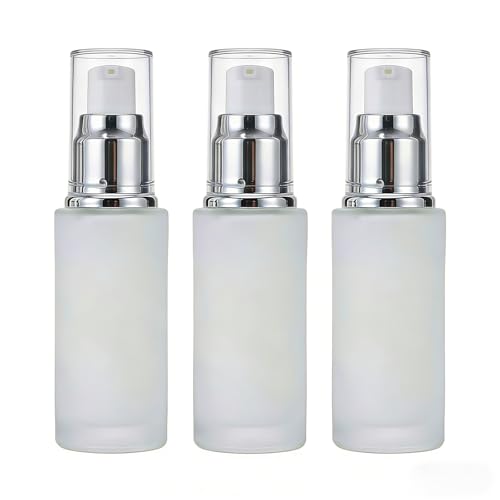 3PCS 30ML/1oz Clear Empty Frosted Glass Lotion Pump Bottles Cosmetic Jars Travel Containers Pump Dispenser for Cream Emulsion Foundation Toner