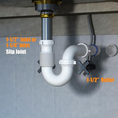 Flexible P Trap for Bathroom Sink, Flex Drain Pipe for Bathroom Sink Drain Kit and Kitchen Sink Drain Kit, 1-1/2" or 1-1/4" Expandable Sink Trap, Slip Joint or Direct Connection 1/2 Inch P Trap Kit by Variimage - Used condition - Image 4