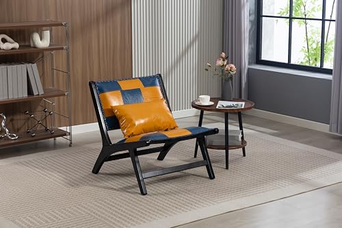 28" Scandinavian Minimalist Modern Accent Chair, Upholstered Sofa with Solid Wood Frame, Deep Seat Couch with Ergonomic Backrest for Living Room and Balcony, Blue+Yellow