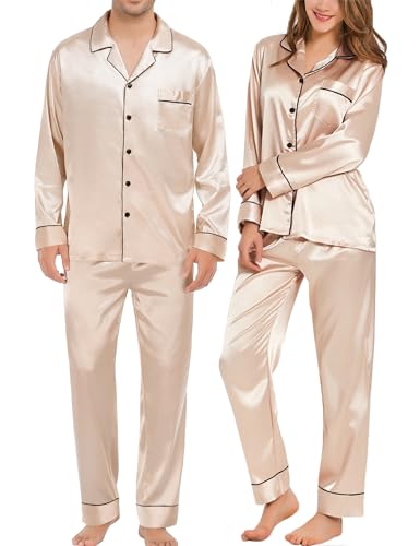 SWOMOG Couples Matching Pajamas Sets Women & Men Silk Satin Long Sleeve Button Down Sleepwear 2 Pcs Classic Loungewear Women Champagne Medium