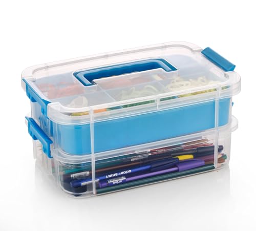 Image of plastic boxes for Storage transparent boxes for storage, Portable & Stackable Space Saving Organiser with Lid for Medicine, Jewelry, Arts & Crafts, Buttons, Beads (Blue, 2 TIER WITH 1 TRAY)
