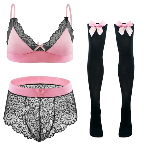 SEAUR Men Sissy Underwear Floral Lace Bra Stockings Lingerie Set Nightwear Cross-dressers Gay