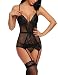 ADOME Women Lingerie Set with Garter Lace Teddy Bodysuit Set Mini Babydoll S-XXL (Black, Small)