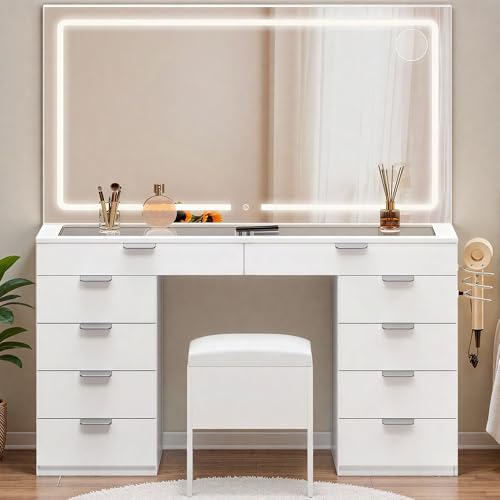 DWVO Makeup Vanity with LED Mirror and Charging Ports, 10-Drawer Vanity Set with Glass Top, Hair...