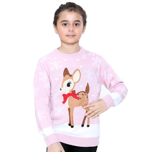 NOROZE Girls Christmas Jumper 3D Kids Bird Reindeer Retro Pullover Sweater, Christmas Sweater Girls (Reindeer Pink, 9-10 Years)