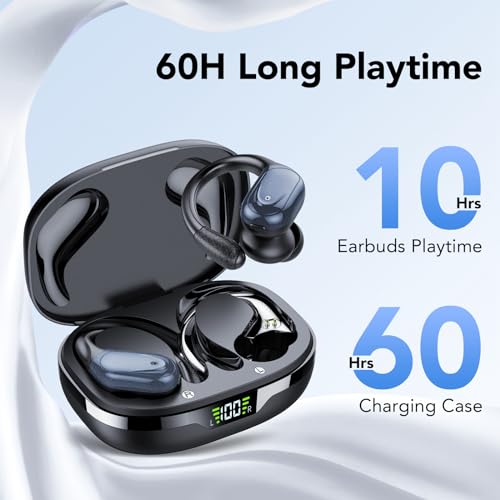 Estuche de carga de auriculares que indica 60 horas de reproducción total y 10 horas de uso de los auriculares