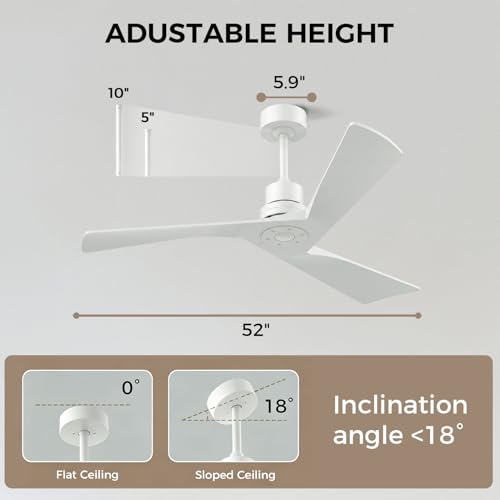 Image of Obabala Ceiling Fan 52 Inch with Remote, Solid Wood Blades DC Motor 5000 CFM Quiet 35dB, Reversible 6 Speed Modern Farmhouse for Bedroom Living Room Indoor Outdoor, No Light with Downrod