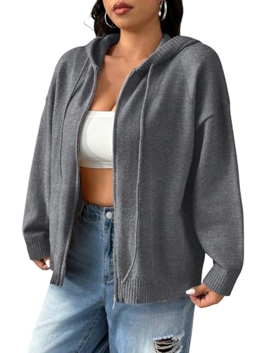 SOLY HUX Women's Plus Size Zip Up Hooded Cardigan Sweaters Long Sleeve Knitted Jacket Outerwear Fall Clothes