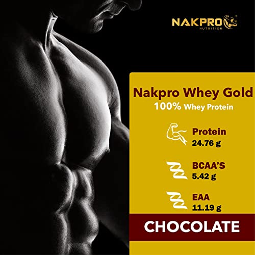 Image of NAKPRO Gold Whey Protein Concentrate 500g Chocolate | 25.5g Protein, 5.6g BCAA | Trustified Certified 100% Authentic Supplement Powder & No Adulteration | Fast Absorbing Whey Protein Powder