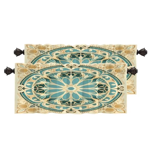 BaoNews Mandala Ornamental Design Blackout Kitchen Curtain, Intricate Circular Pattern Window Treatment Rod Pocket Light Filtering Bathroom Short Valance 2 Pack 52X18 Inches