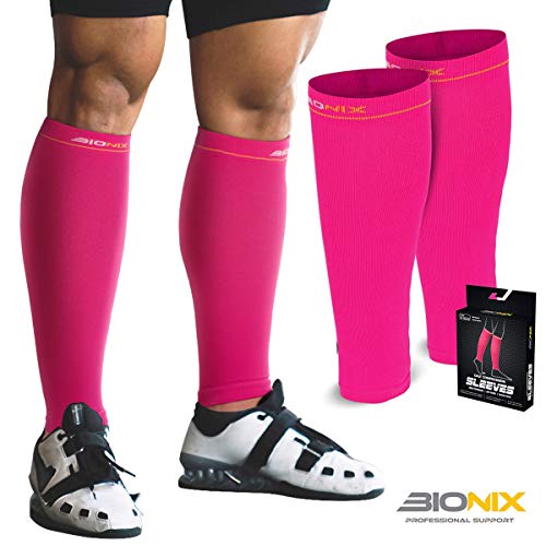 Bionix Calf Compression Sleeves Support For Men and Women | Help Shin Splints, Blood Circulation & Leg Cramp Pain Relief | Running Sports Work Pregnancy Flight Travel Pink L/XL PAIR