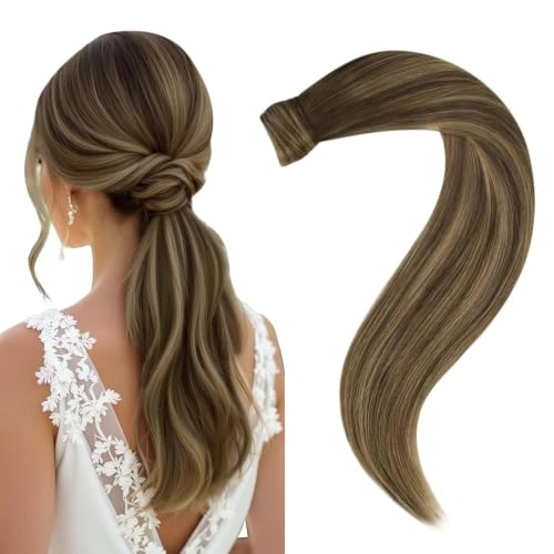 Image of Easyouth Ponytail Extension Human Hair, Medium Brown Balayage Caramel Blonde, 12 Inch 70G, Pony Tail Extensions, Add Length and Volume for Women