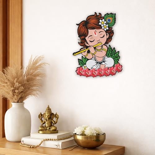 Image of CraftVatika Baby Krishna Wooden Key Holder for Home Decor Items, Key Hanger Wall Mounted Decoration Handicraft Key Chain Stand Wood Keys Organizer 7 Hooks Decorative Items for Home Decor