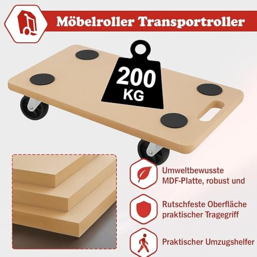 SCHEPERS (2Stück) Rollbrett Transportroller Möbelroller Roller für Möbel Transporter Tischtransportwagen max. 200kg