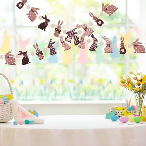 Image of Easter Felt Garland Brown Easter 3D Bunnies with Wooden Beads Banner Holiday Decorative Hanging Bunting Garland for Spring Home Mantel Fireplace Window Wall Decor
