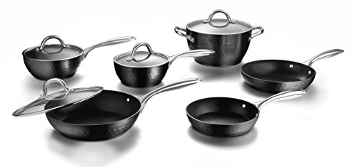 COOKSMARK Diamante Infundido 10 Piezas Juego de Ollas y Sartenes Antiadherentes Inducción Juego de Cacerolas de Aluminio con Tapas de Vidrio Apta para Lavavajillas y Horno Negro