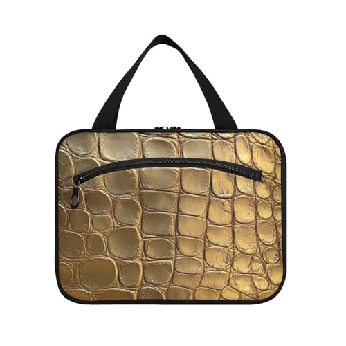 EtherSpher Gold Crocodile Skin Texture hanging makeup bag with compartments with hook, designer washable toiletry bag hanging for travel essentials for women vacation bolso de maquillaje para mujer L
