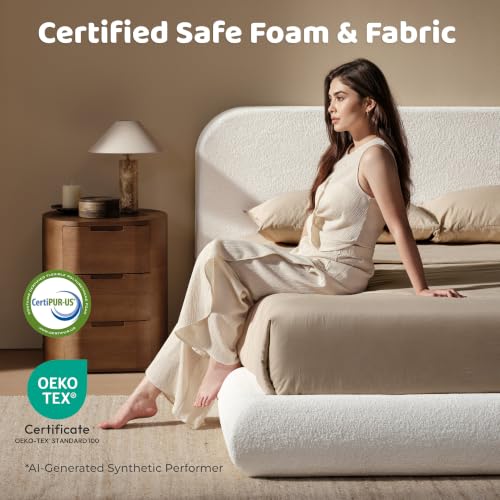 Image of RECCI Airframe Bread King Curved Cloud Platform Bed Frame | Fully Cushioned Foam Arched Panels and Rounded Headboard, Easy to Assembly, Cream Plush Velvet Fabric for Aesthetic Bedrooms