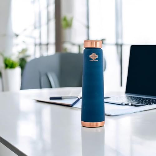 Image of INDIAN ART VILLA Pure Copper Peacock Blue Pyramid Ombre Silk Finish Bottle - 800 ML, Ayurvedic Health Benefits, Ideal for Home, Office, Gym & Travel