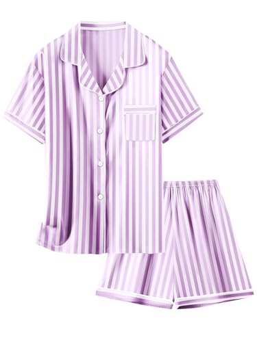 Image of Schbbbta Girls Womens Pajamas, Satin Silky Pjs Set Kids 2Pcs Button-Down Nightwear Sleepwear Gift for Mommy and me