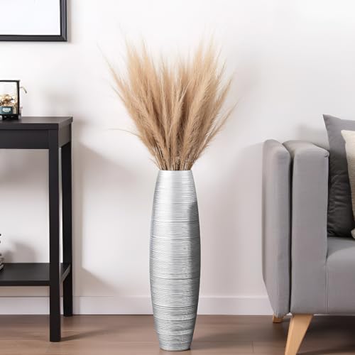 Image of Tall Floor Vase, 27.5 inches (70cm, 2.3FT) Tall Vases Sturdy, Luxury, Textured for Decorative Branches Dried Flowers, Floor Vase for Rustic Living Room, Modern Decor, Resin Silver Vases