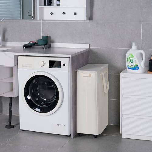 Image of Vincona Slim Laundry Hamper with Lid and Wheels, Small Rolling Laundry Basket with Handle for Small Spaces, Tall Dirty Clothes Hampers for Dorm, Bathroom and Bedroom, 75L, Beige