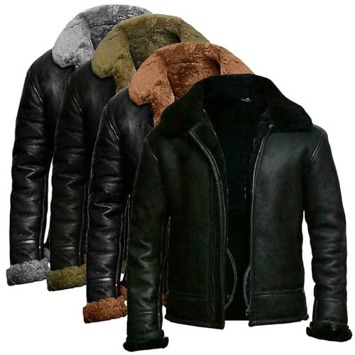 Generisch Lederjacke Mit Fellkragen Herren, Fleecejacke Pu Leder Wasserdicht Winterjacke Große Größen Warme Übergangsjacke Classic Vintage Bomberjacke Reißverschluss Revers Arbeitsjacke Für Outdoor