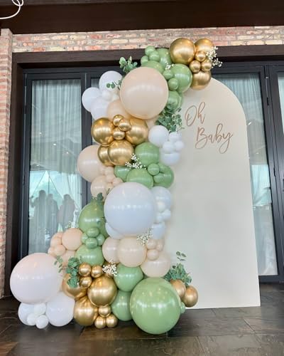 Image of Sage Green White Gold Balloon Arch Kit, 156Pcs Latex Balloons Different Sizes 18 12 10 5 Inch Party Balloon Garland Kit for Baby Shower, Wedding, Engagements, Birthday, Anniversary Decorations