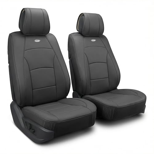 Image of FH Group Front Set Faux Leather Seat Cushions - Car Seat Covers for Low Back Seat, Universal Fit, Airbag Compatible Car Seat Cover for SUV, Sedan, Solid Black