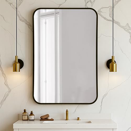 Image of Art Street Rectangular Decorative Wall Mirror with Aluminum Metal Frame Gold | Rounded Rectangular Vanity Mirror for Makeup, Bedroom, Drawing Room, Bathroom Wash Basin (Gold, 46x61 cm)