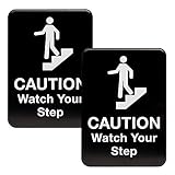 Excello Global Products Caution Watch Your Step Sign: for Business Restaurants Offices Indoor Outdoor Use Easy to Mount Informative Plastic Sign with Symbols 5” x 7”, Pack of 2 (Black)