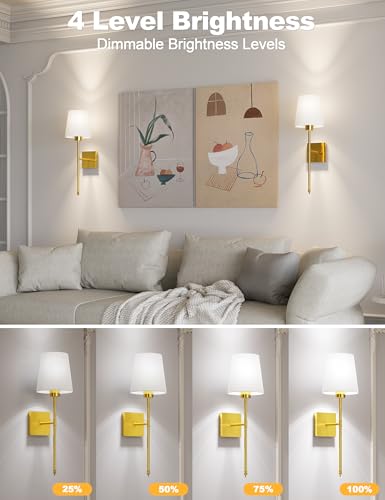 Image of JOFIOS Battery Operated Wall Sconce Set of 2 - Gold Wireless Battery Wall Sconce with 5200mAh Rechargeable Light Bulb and Remote, RGB and Dimmable Cordless Wall Lights for Bedroom, Living Room