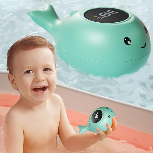 WYFCR Termómetro de baño para bebés, termómetro de baño, forma de ballena encantadora, tiempo de advertencia de temperatura muestra lindo termómetro de baño para niños de dibujos animados(azul)