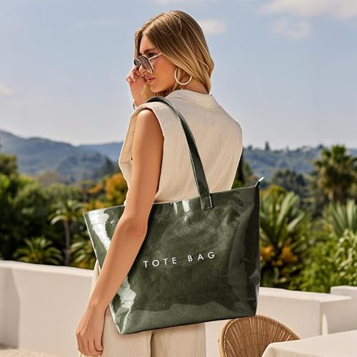Image of KALIDI PVC Zipper Tote Bag, Jelly Kraft Paper Beach Bag Large Hobo Carry All Travel Shopping Handbag Plastic Shoulder Bag