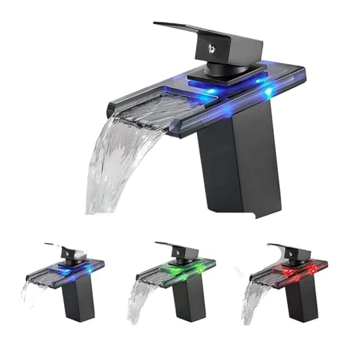 Grifo de lavabo de cristal antiescaldado con indicador LED hidráulico negro 6