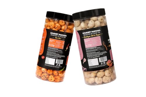 Image of H O M House Of Makhana 130g Himalayan Salt and Pepper And Peri Peri Gourmet Makhana Jar Roasted in Olive Oil, Flavored Makhana Pack of 2 (65gX2)