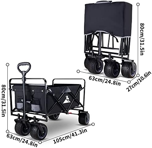 TOPWELL Folding Camping Cart Outdoor Wagon Trolley Transport Free Standing Collapsible Utility Grocery Canvas Fabric Rolling Buggies Garden Sport WagonsBlack/Grey