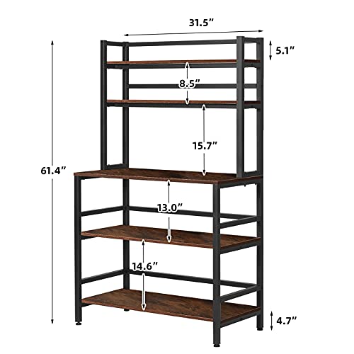 YGBH 5-Tier Kitchen Bakers Rack with Hutch, Coffee Station, Microwave Oven Stand, Utility Storage Rack for Home Office, Easy Assembly, Rustic Brown and Black (Rustic Brown)