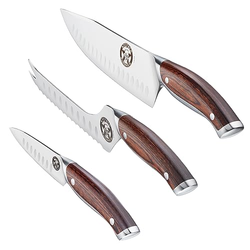Guy Fieri Knuckle Sandwich 3Pc Set 8-In Chef Knife, 6-In Serrated Off-Set Utility Knife With Prong Tip And 4-In Paring Knife, Premium 7Cr17Mov Stainless Steel With Ergonomic Pakkawood Handles #TOP1