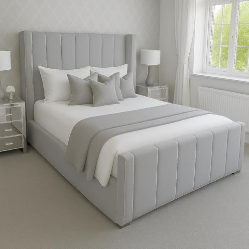 Innovative Luxury Chesterfield Wiinged Bed Frame - Upholstered in Plush Velvet with Mattress/Gas Lift Options - UK Made (Grey Plush, Double 4ft6 Bed Frame)
