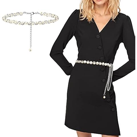 RUGUOA Women Chain Pearl Belt Adjustable Sash Belt Chains Metal Retro Woven Waist Body Chain for Dress Jean, Silver Cover