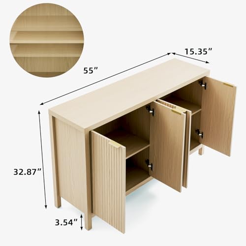 LINLUX Sideboard Buffet Cabinet with Storage, Fluted Storage Cabinet, Accent Cabinets with 4 Doors for Kitchen, Entryway, Dining Room, Living Room, Natural Oak - Thumbnail 2