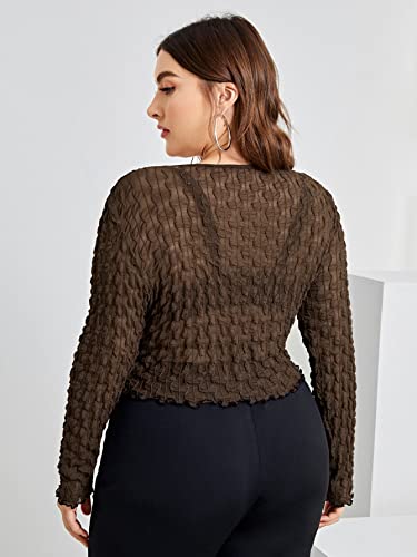 Floerns Women's Plus Size V Neck Lettuce Trim Long Sleeve Mesh Crop Top T Shirt2