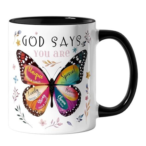 BelleFlair 1 Taza Cristiana con Mariposa, Taza de cerámica de 325ml, Regalos Cristianos para Mujeres, mamá, Amiga, versículos bíblicos, fe, Taza de café, decoración inspiradora