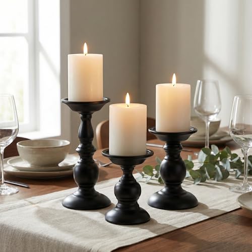 BANOMII Black Pillar Candle Holders Set of 3, Vintage Candle Holder for Table Centerpiece & Fireplace Decor, Decorative Antique Candle Stand for Dining & Living Room Decoration by BANOMII - Image 2
