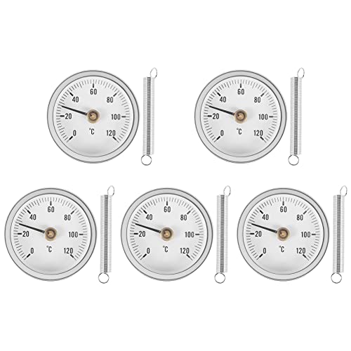 Jkjhbhged 63mm Pipe Clip-on Dial Thermometer Temperature Round Plate Gauge with Spring,Range 0-120?, Aluminum Case, 5Pcs Set, Silver
