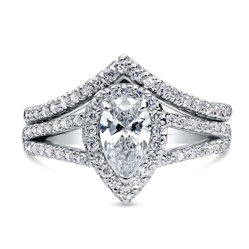 BERRICLE Sterling Silver Halo Engagement Promise Rings, Wishbone Stackable Eternity Band Ring for Women, Pear Cut Cubic Zirconia CZ, 1-3 Piece Set3