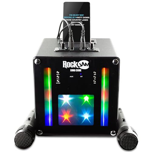 RockJam singcube - Máquina de Karaoke Bluetooth Recargable de 5 vatios con Dos micrófonos, Efectos de Cambio de Voz y Luces LED, Color Negro